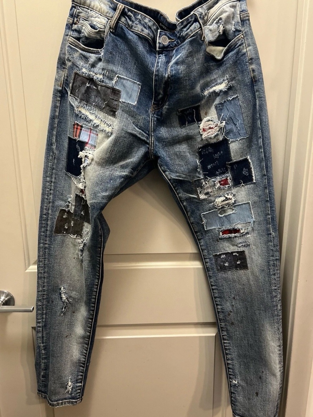 EMBELLISH NYC Men’s Distressed Patchwork Blue Jeans